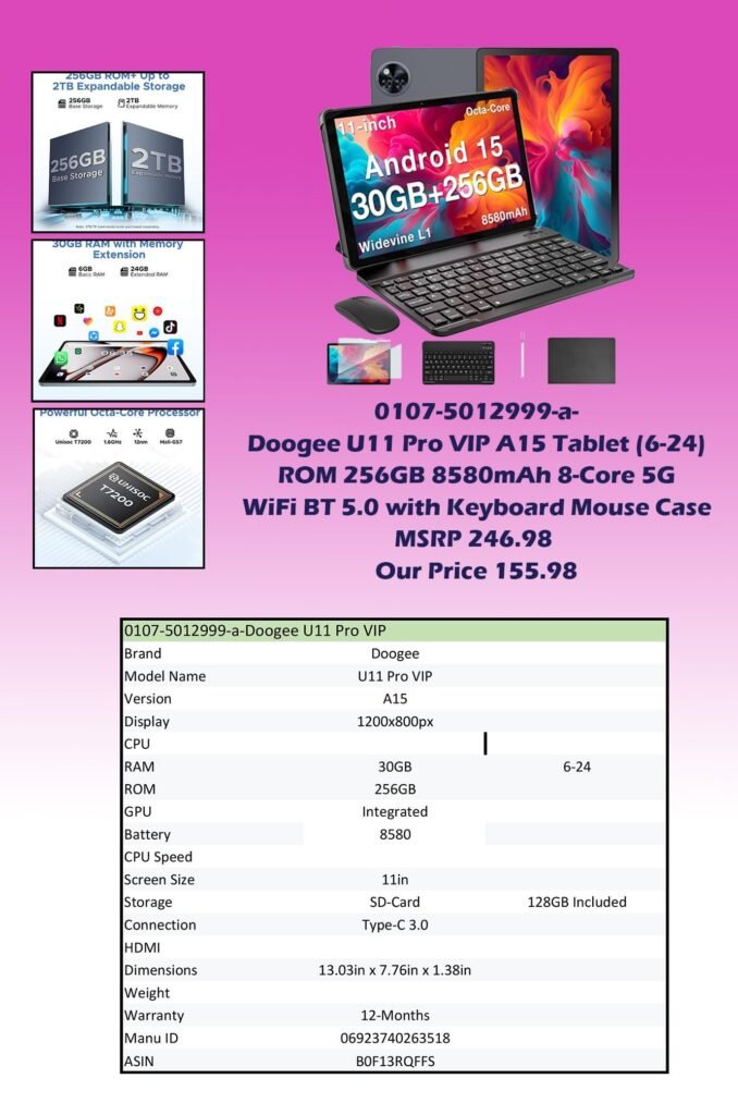 0107-5012999-a- Doogee U11 Pro VIP A15 Tablet 11in RAM 30GB (6-24) ROM 256GB 8580mAh 8-Core Keyboard Mouse_MSRP  246.68  Our Price 155.99 copy
