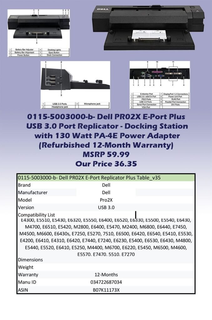 0115-5003000-b- Dell PR02X E-Port Plus USB 3.0 Port Replicator - Docking Station with 130 Watt PA-4E Power Adapter (Refurbished 12-Month Warranty) img0 MSRP 59.99 Our Price 36.35 copy