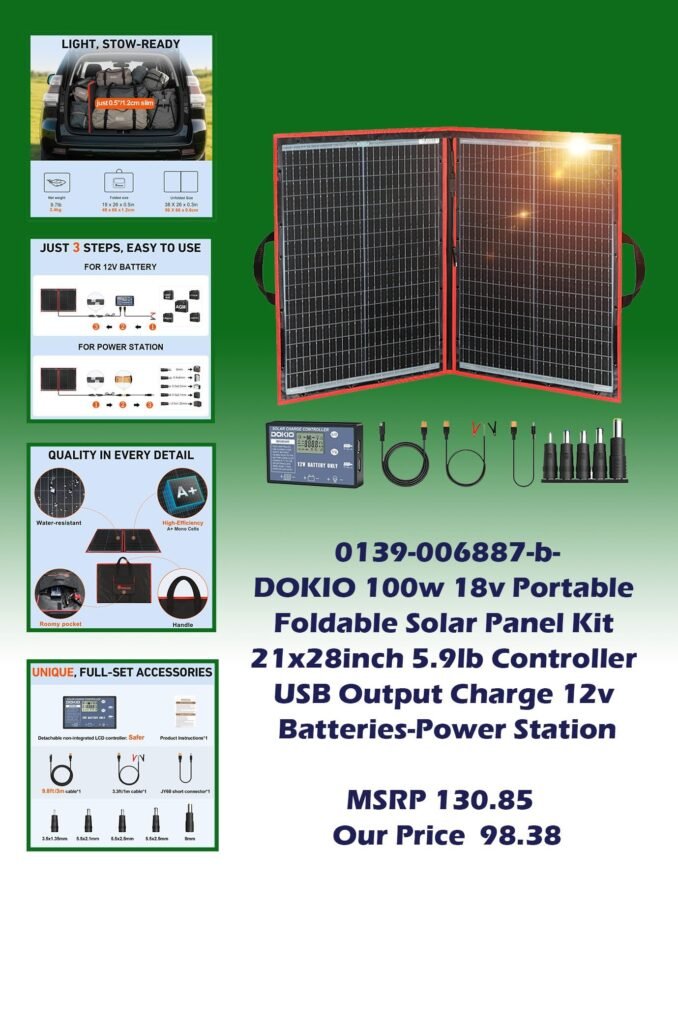 0139-006887-b-DOKIO 100w 18v Portable Foldable Solar Panel Kit 21x28inch 5.9lb Controller USB Output Charge 12v Batteries-Power Station copy
