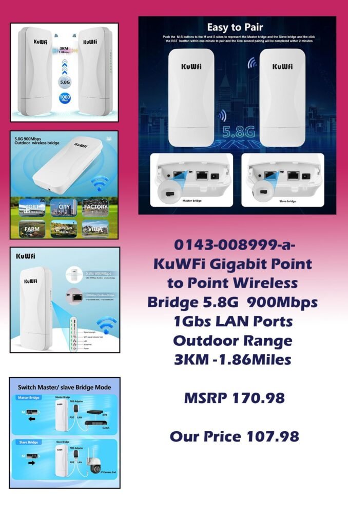 0143-008999-a-KuWFi Gigabit Point to Point Wireless Bridge 5.8G 900Mbps 1Gbs LAN Ports Outdoor Range 3KM 1.86Miles copy