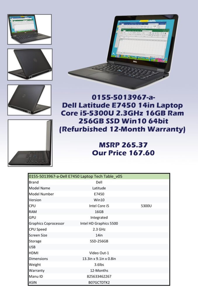 0155-5013967-a-Dell Latitude E7450 14in Laptop Core i5-5300U 2.3GHz 16GB Ram 256GB SSD Win10 64bit (Refurbished 12-Month Warranty)